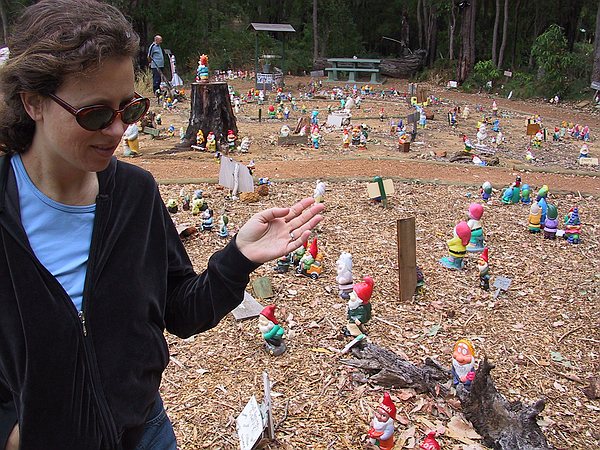 Samantha at Gnomesville, a magical land to which people come from miles away to visit hundreds of garden gnomes of all kinds.